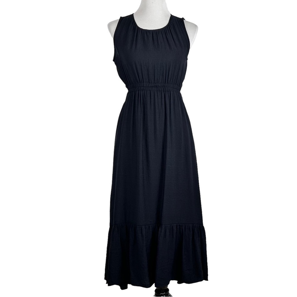 By The River Womens Midi Dress Sz Medium Black Back Cutoff Ruffle Hem Sleeveless